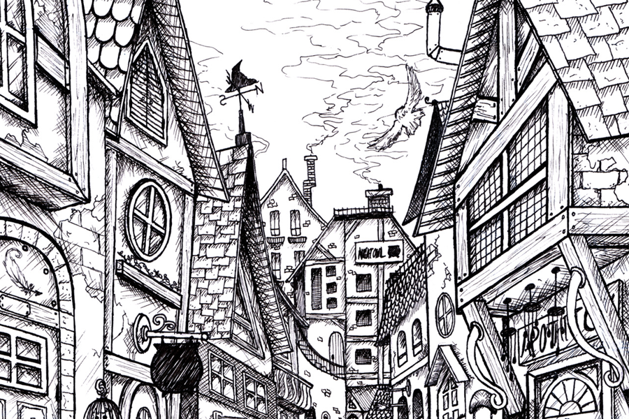 harry potter illustration of diagon alley