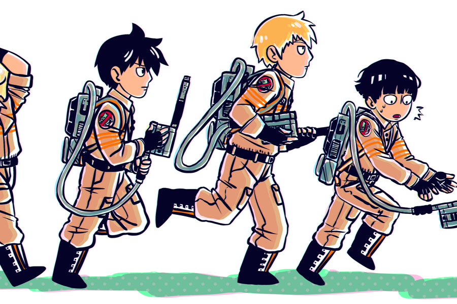 crossover illustration of ghost busters and mob psycho 100